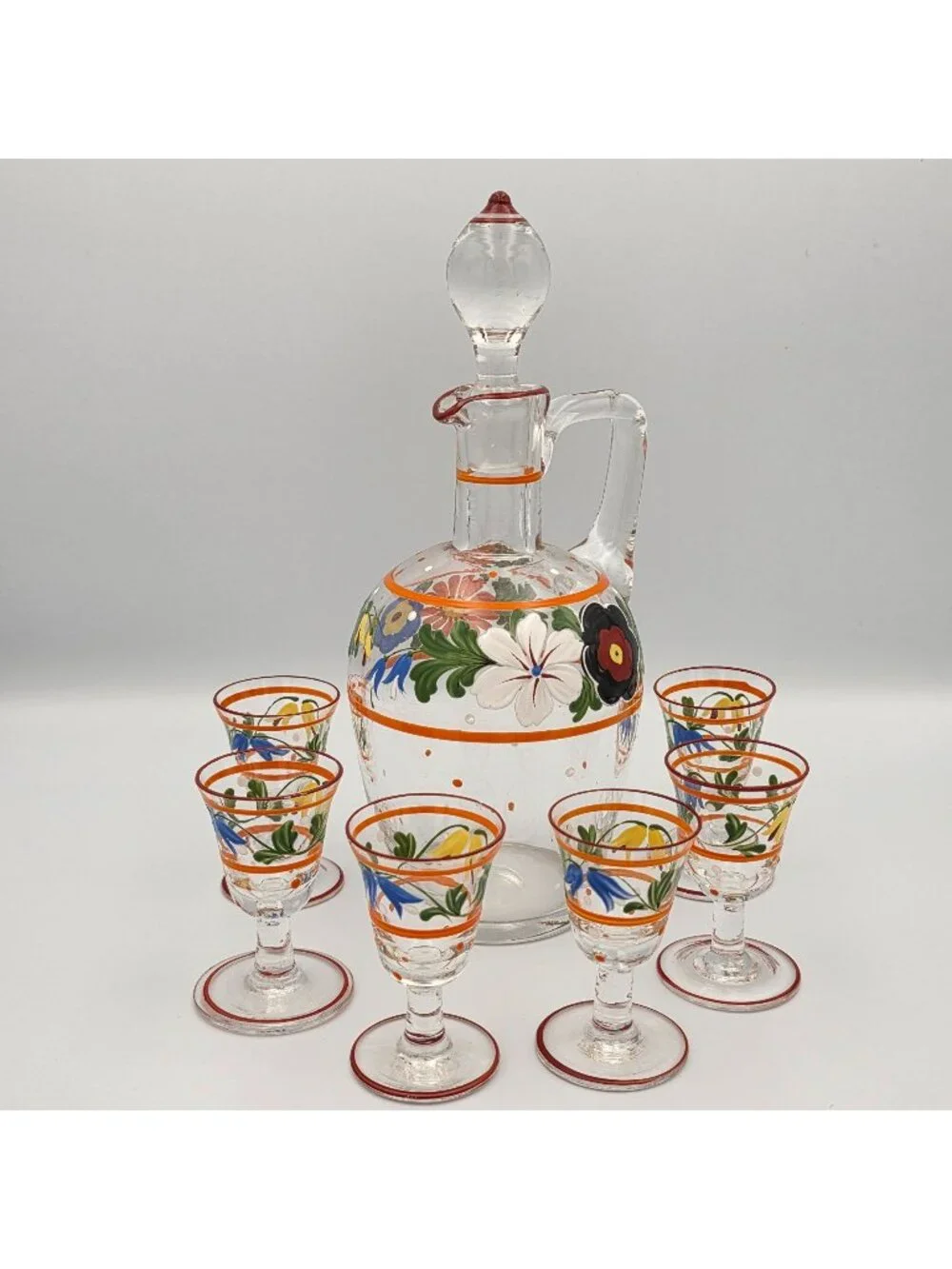 Hand-Painted Glass Decanter Enamel Flowers Stopper & 6 Shot Glasses Art Deco
